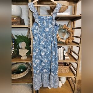 Revolve PAIGE Poppy Dress Blue White Square Neck Prarie Style Cotton L